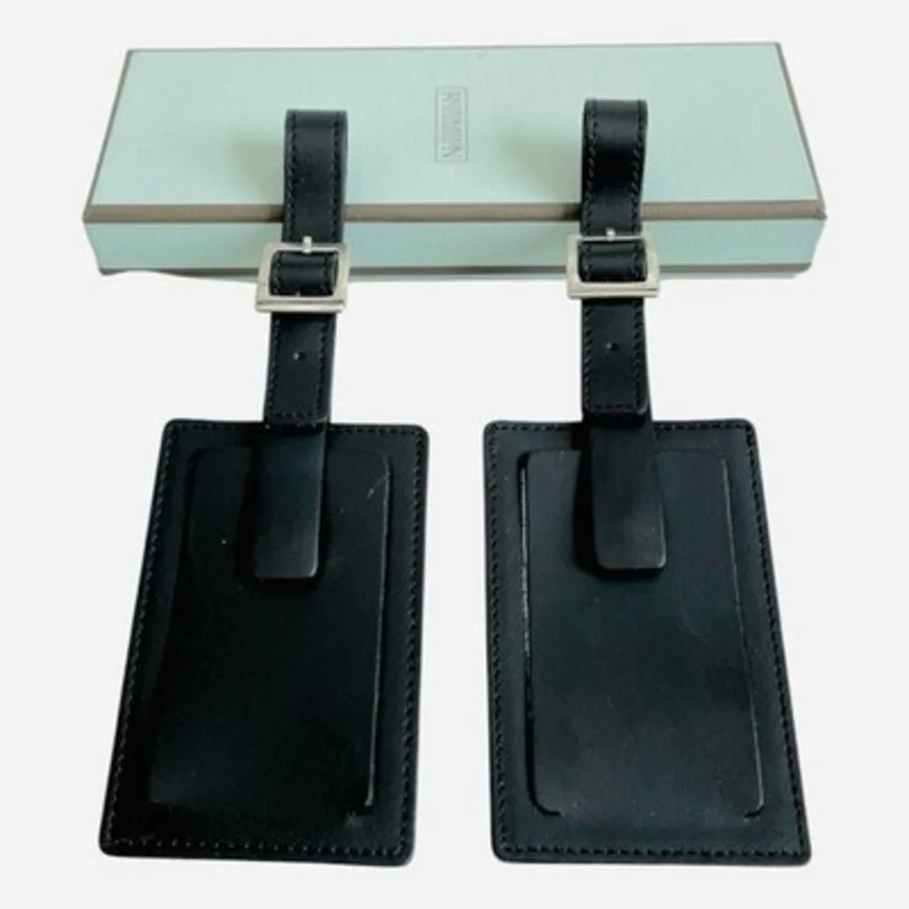 Set of 2 Restoration Hardware Black Leather Luggage Tags NIB Travel Accessory